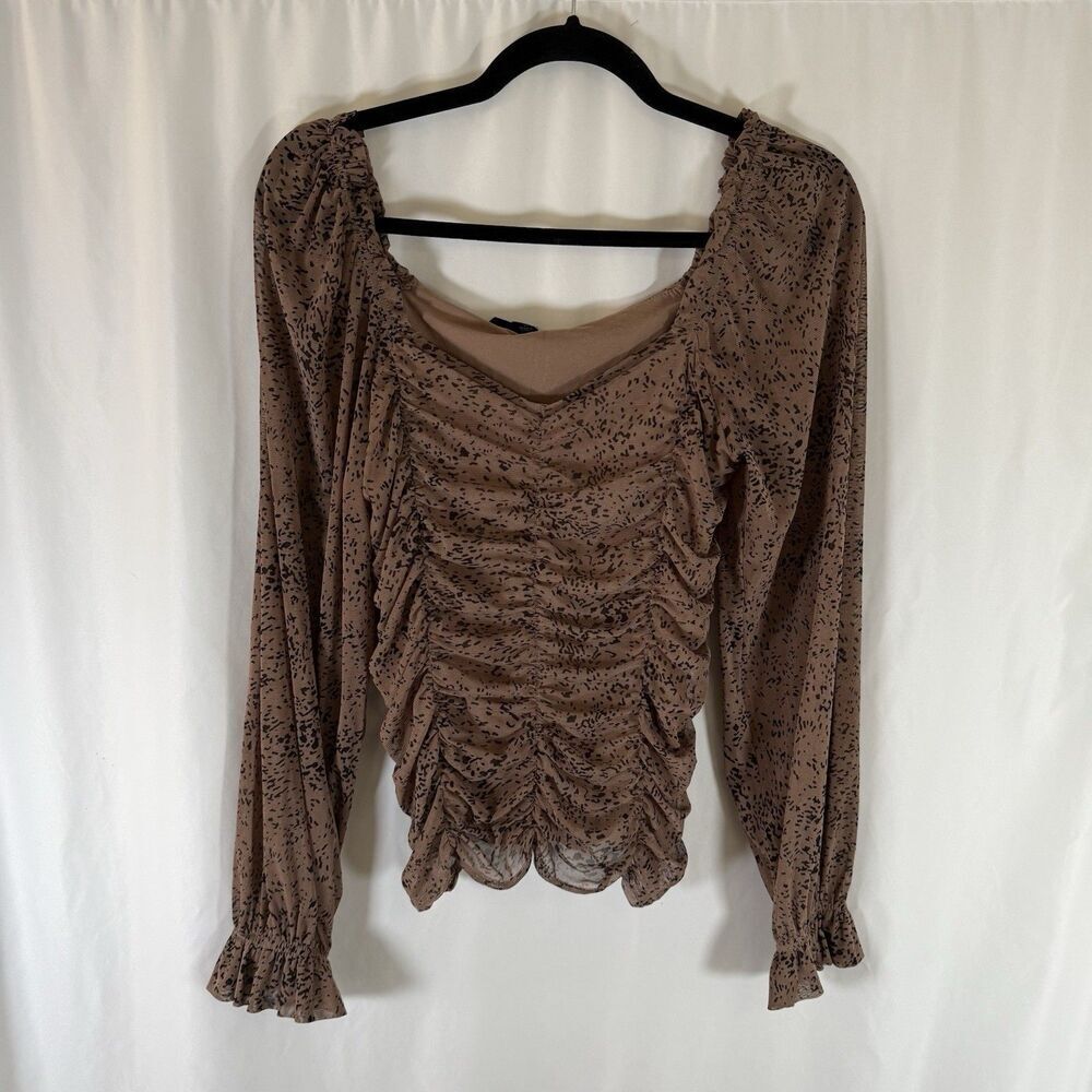 Jane Delancey Blouse Womens Medium Brown Animal Print Sheer Long Sleeve Pullover